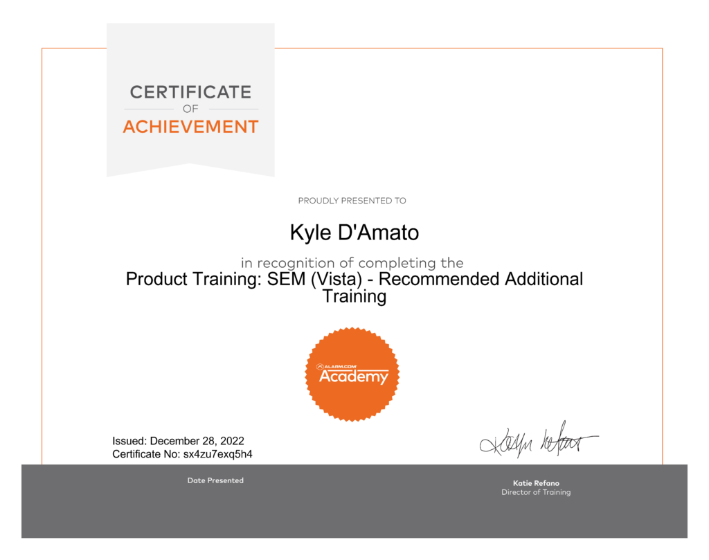 ADC Product Training SEM Vista Certificate - Kyle D'Amato